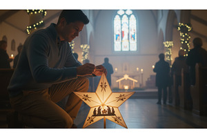 Man kneeling in church illuminates, a Holiday Photo by Igor Tichonow