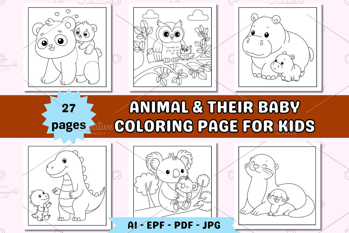 Animal & Their Baby Coloring Page, an Animal Illustration by Salaly (Photo 1 of 6)