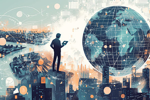 Futuristic technology concept with global digital network and cityscape, an Illustration by AS photostudio
