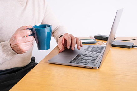 Man working from home on a laptop sitting at a desk surfing the internet and dr, a Person Photo by karrastock