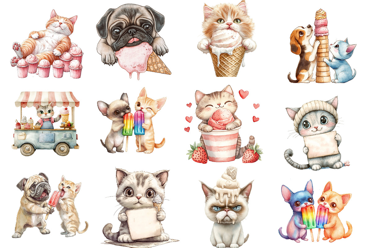 Funny Dog and Cat Love Ice Cream png, an Illustration by Watercolor design (Photo 2 of 5)