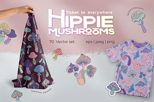 70 Hippie MUSHROOMS. Vector Set.