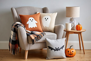 Cozy autumn decor with ghost and bat pillows in a warm living room setting, a Holiday Photo by AlyaAnd