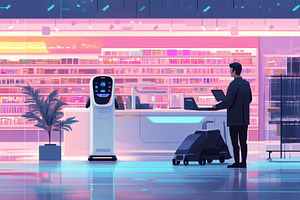 Robot assistant in a vibrant retail, a Photo by Tanuart