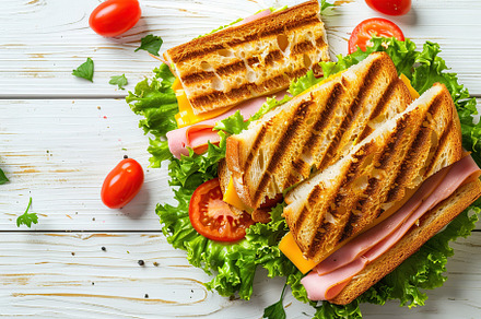 Toast sandwich with cheese, turkey ham, tomato and fresh lettuce on wooden back, a Food & Drink Photo by AlyaAnd