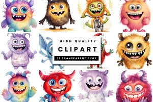 Cute Watercolor Monster Clipart Set