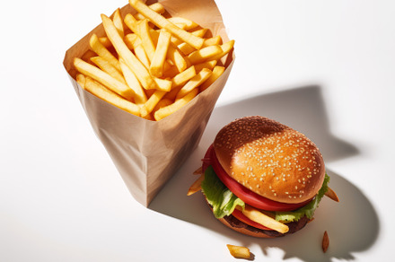 hamburger with cutlet grilled and fries on white background, a Food & Drink Photo by Natalia Klenova's Shop