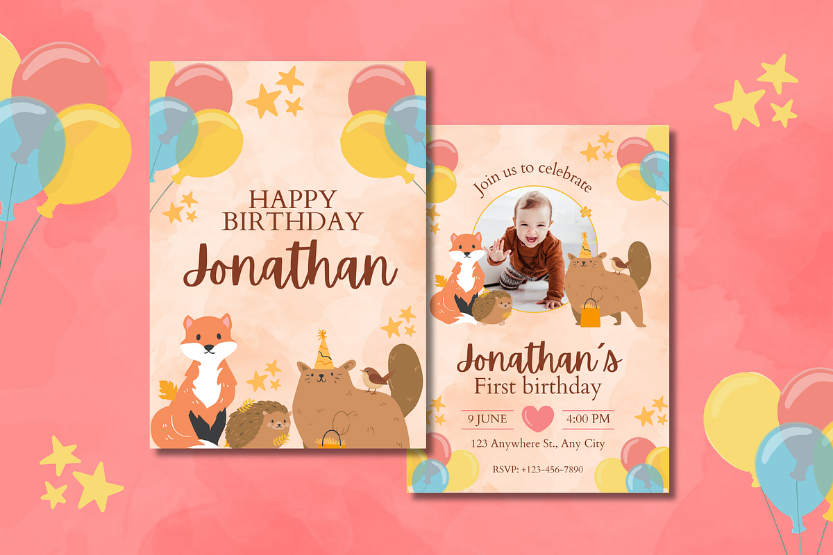 2 First Birthday Invitations Cute, a Templates & Theme by TemplateCastleStore (Photo 2 of 9)