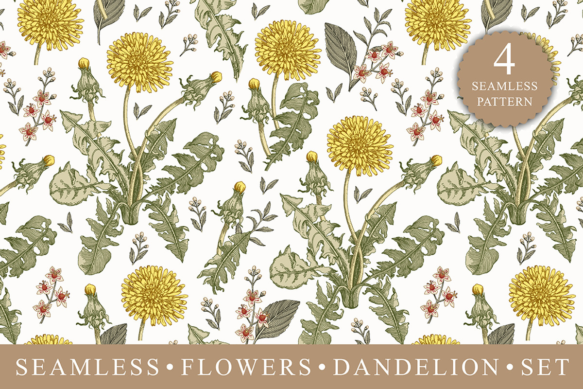 4 Seamless Flowers Dandelion Vintage, a Pattern Graphic by Vintage (Photo 1 of 11)