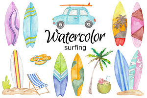 Surfing watercolor clip art