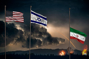 US Israel Iran Flags Amid War Scene, an Industrial Photo by Davizro's Market