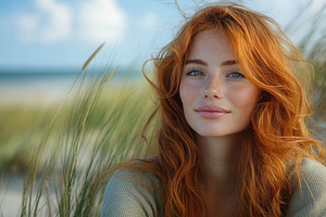 Young woman with red hair enjoys a s, a Photo by Tanuart