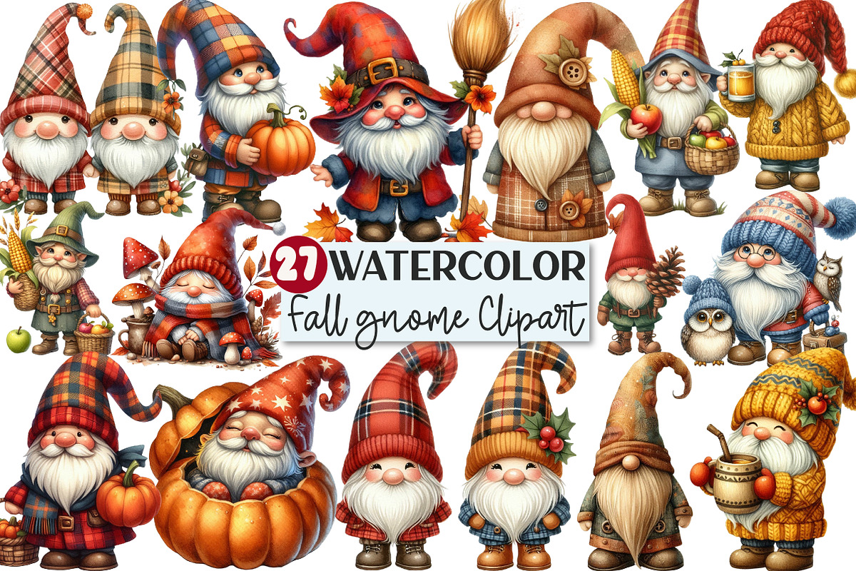 Watercolor Fall gnome Clipart, an Illustration by Rose Art (Photo 1 of 8)