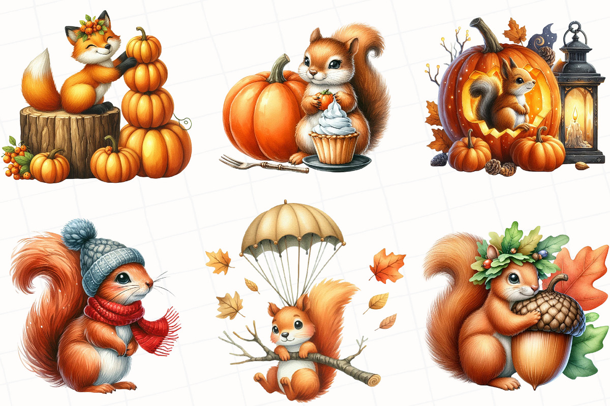 Watercolor Autumn Squirrels Clipart, an Illustration by OK Design (Photo 3 of 5)