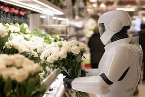 Robot carrying flowers in city stree, a Photo by Dvoevnore photos