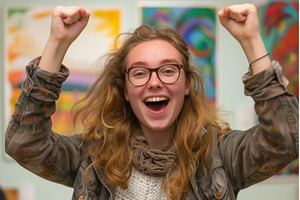 Happy teenage girl celebrating with, a Person Photo by Ylivdesign