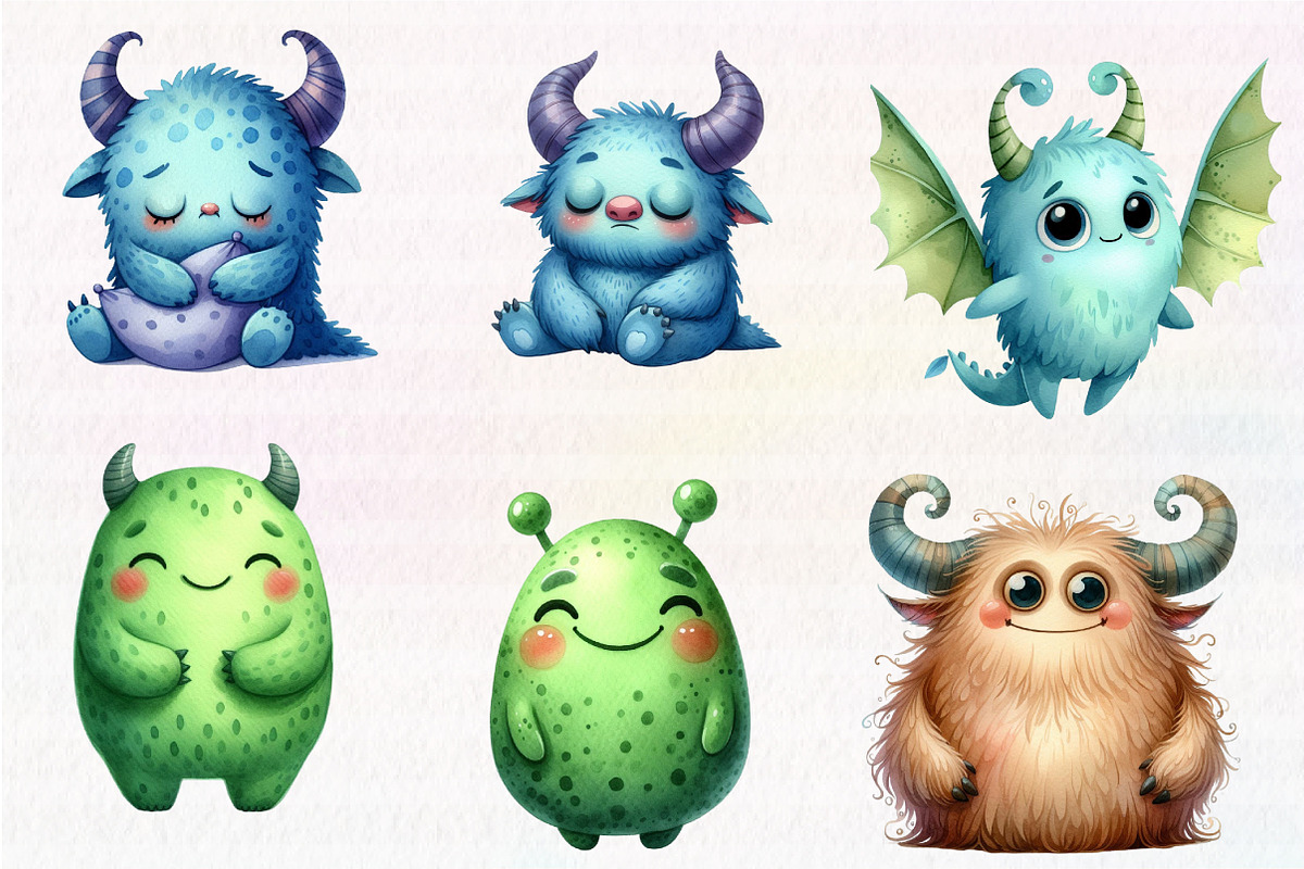 Cute monsters watercolor clipart, an Illustration by CreationArt (Photo 2 of 5)