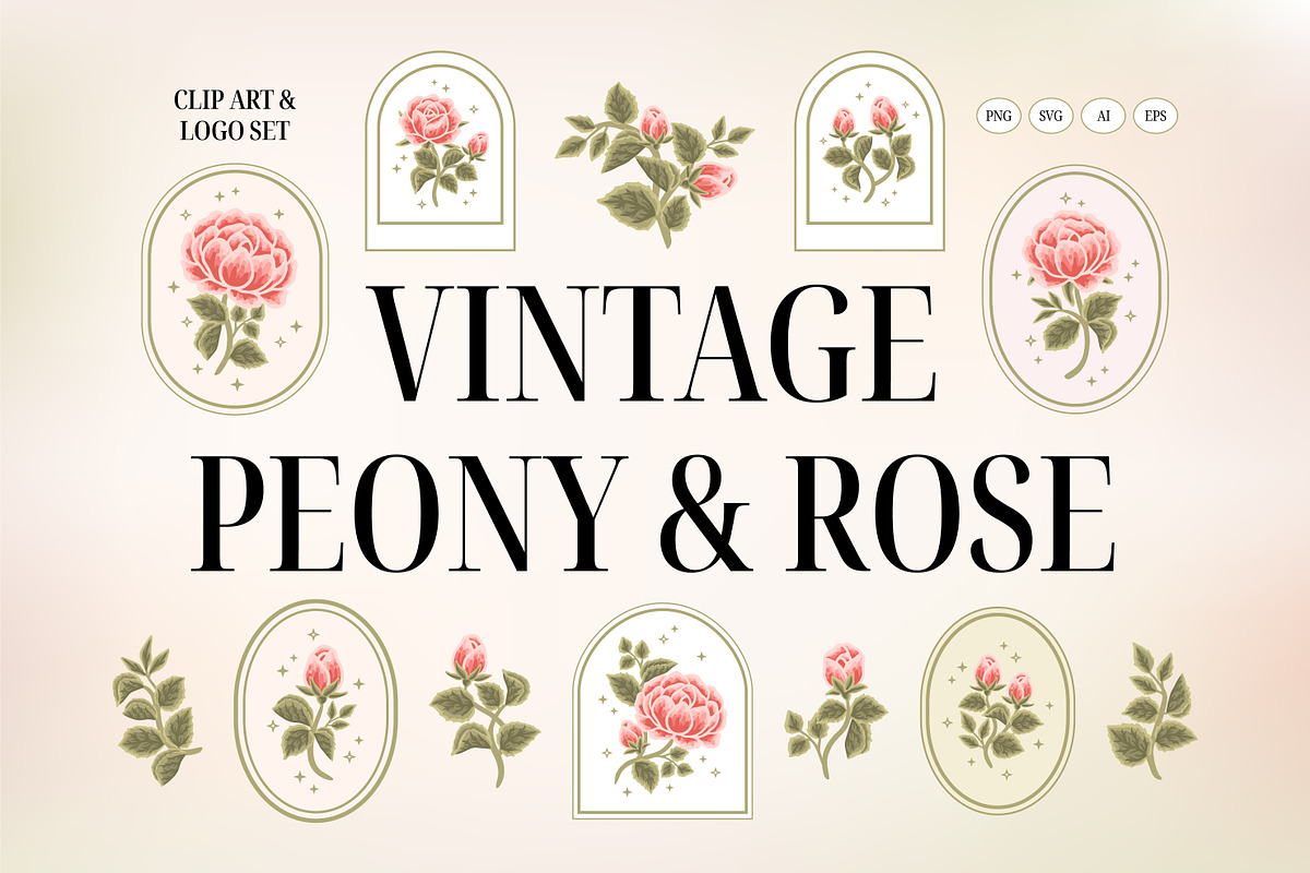 Vintage Peony & Rose Logo Set, an Object Graphic by Artflorara (Photo 1 of 9)