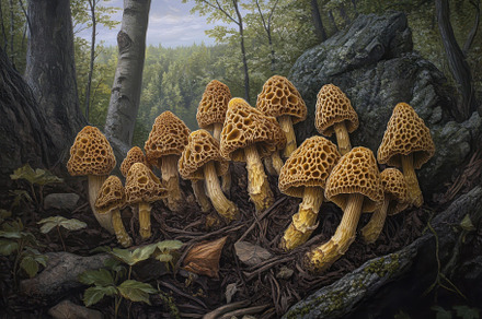 Spring morel mushrooms thriving amon, a Photo by Iftikhar Alam
