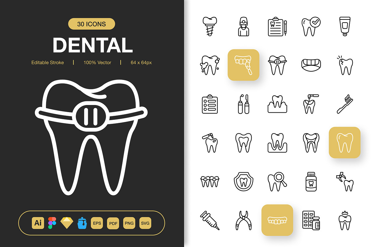 Dental Icons, an Outline Icon by Spacepixel Creative