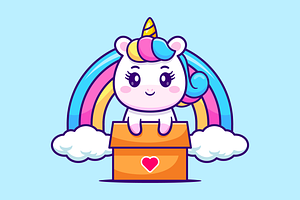 Cute Unicorn In Box With Rainbow