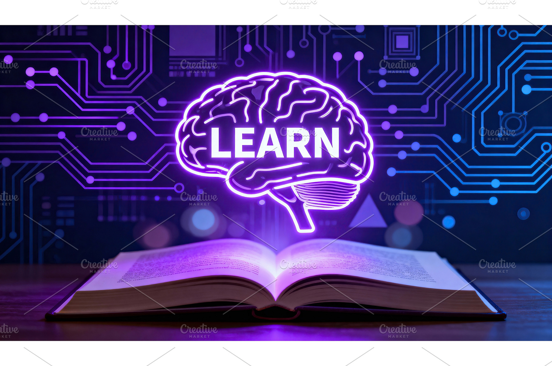 Open book with neon brain icon and, a School & Education Photo by tilialucida