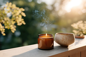 Elegant jar mockup beside ceramic cup on sunlit balcony surrounded by plants, a Photo by AlyaAnd