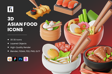 3D Asian Food Icon Set, a Food & Drink 3D Model by Flat Icons