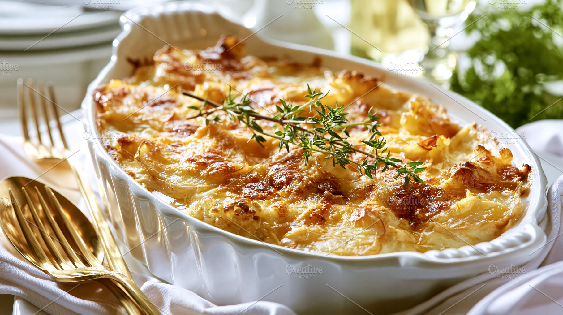Creamy potatoes au gratin baking in a casserole dish for a gourmet dinner, topp, a Photo by Studio ANNA