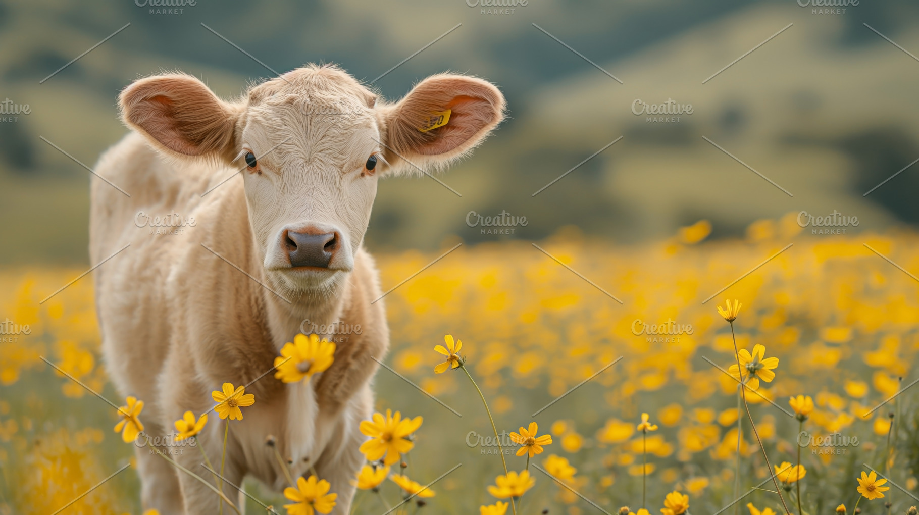 A curious calf stands amidst a vibrant field of yellow flowers, exuding innocen, an Animal Photo by ImageMir
