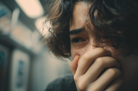 Young adult crying alone on subway, a Person Photo by MistyDay