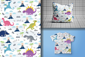 Seamless Pattern Cute Dino Family