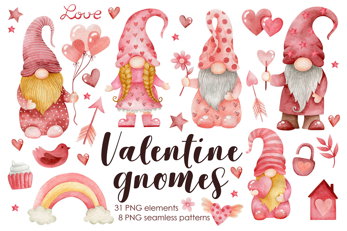 Watercolor Gnomes Valentine's day, a Decorative Illustration by Kira Konoshenko (Photo 1 of 11)