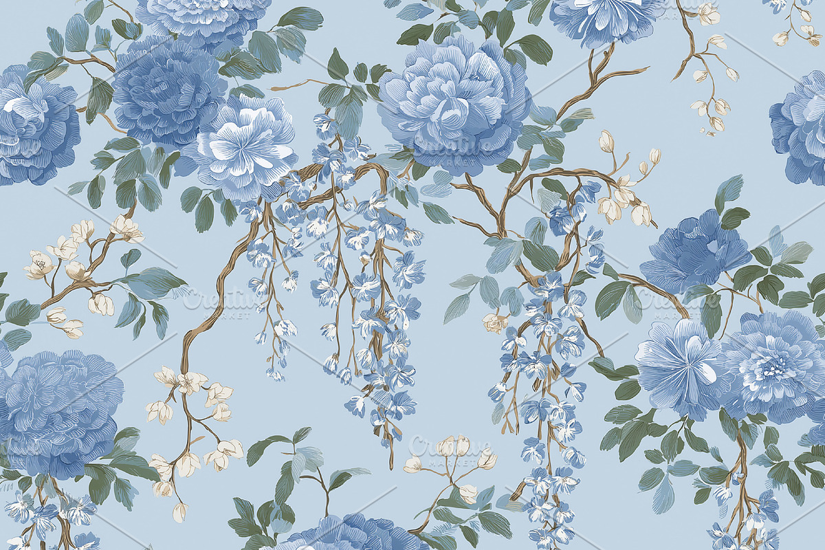 Seamless pattern, blue floral seamless pattern featuring peonies, a Pattern Graphic by Studio ANNA