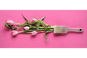 Creative arrangement of pink tulips, a Photo by tilialucida