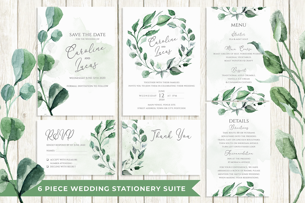 6 Piece Greenery Wedding Invite Set, an Invitation Template by R Whitehurst Design (Photo 2 of 11)