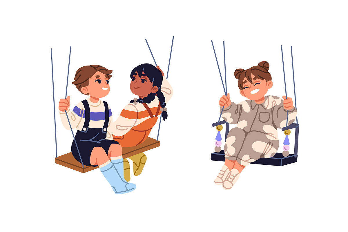 Happy kids swinging on rope swings, a Person Illustration by PaperTrident (Photo 5 of 5)