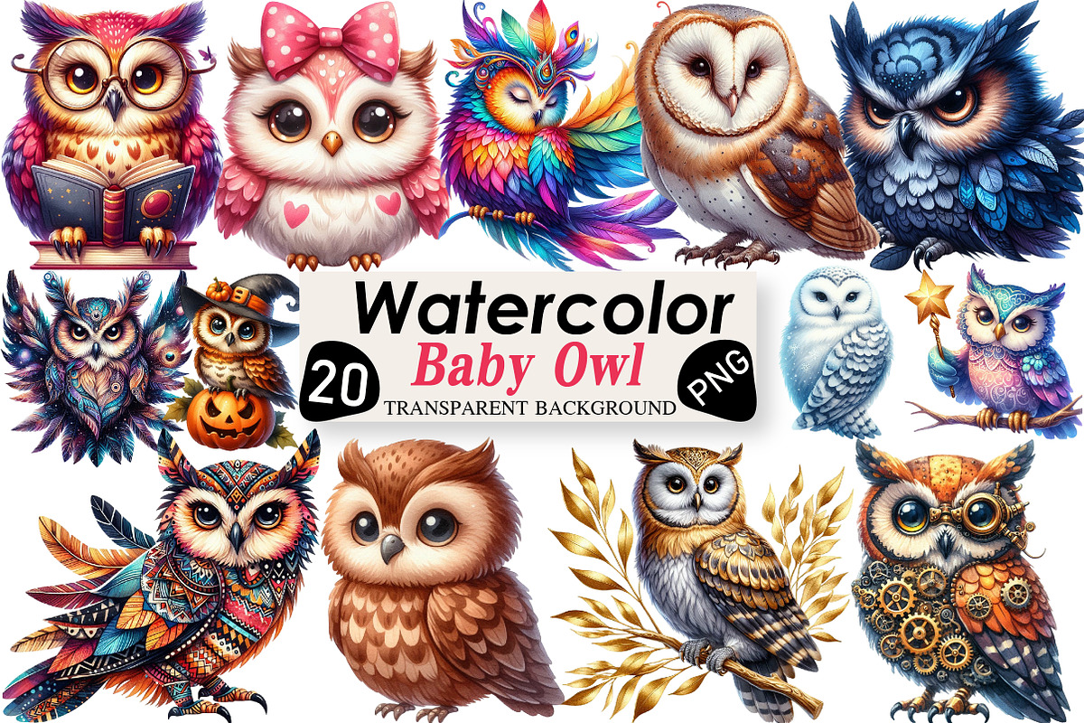 Watercolor Baby Owl Clipart, an Illustration by Black Bird Studio (Photo 1 of 4)