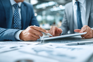 Businessmen reviewing financial data, a Photo by Pixeness Studio
