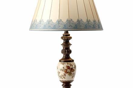 Vintage country style antique table lamp with a beautiful lampsh, a Photo by Anneleven