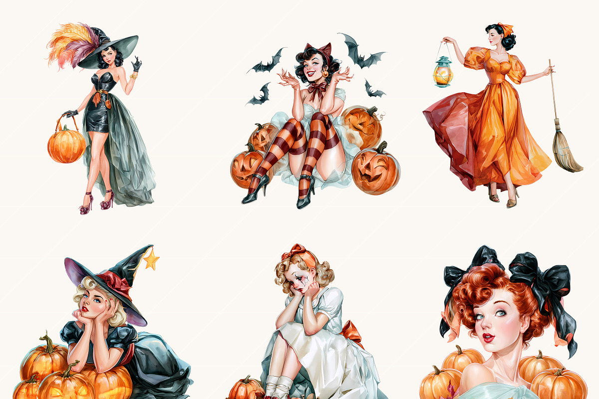 Watercolor Halloween Pin Up Witch, a Seasonal Illustration by BusyDaydesign (Photo 4 of 9)