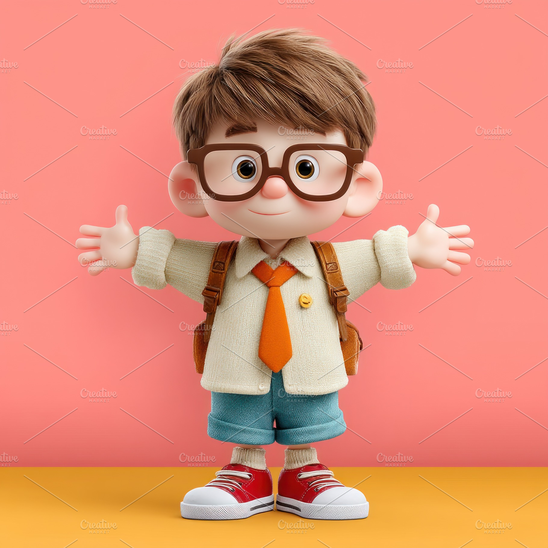 Adorable cartoon schoolboy with glasses and arms wide open weari, a Person Photo by José Manuel Gelpi