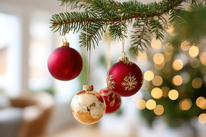 Christmas ornaments hanging on green fir tree, a Holiday Photo by AlyaAnd