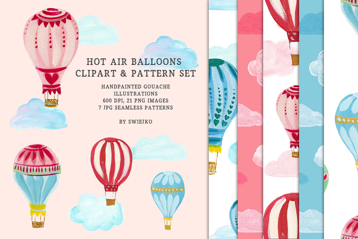Hot Air Balloons, clipart & pattern, an Illustration by swiejko (Photo 1 of 5)