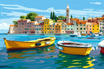 Several vibrant yellow boats float i, a Photo by Tanuart