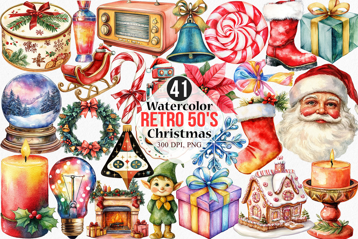 Retro 50's Christmas Clipart, an Illustration by Canvas Craft (Photo 1 of 7)