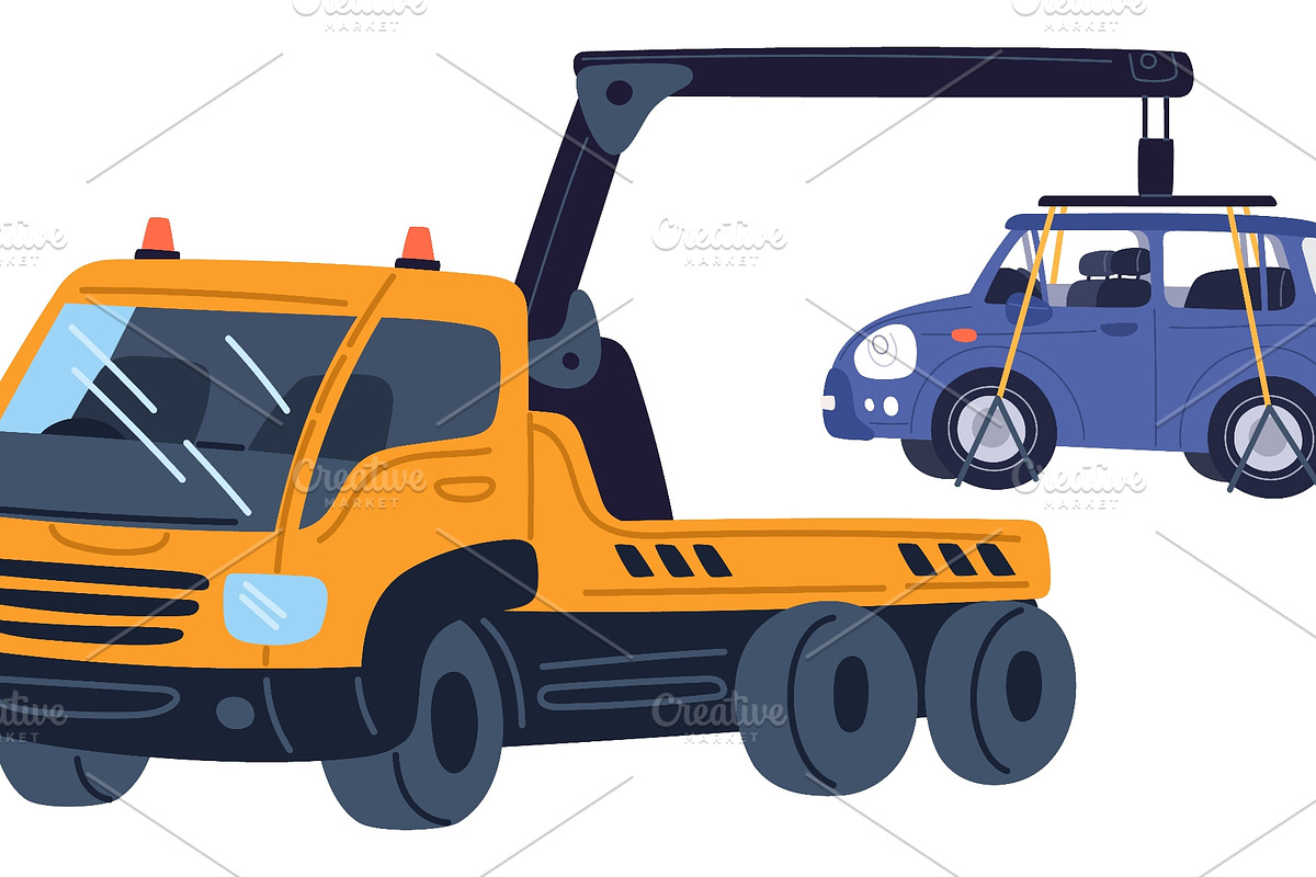 Yellow tow truck loads passenger car, a Transportation Illustration by Vectorbuum (Photo 2 of 3)