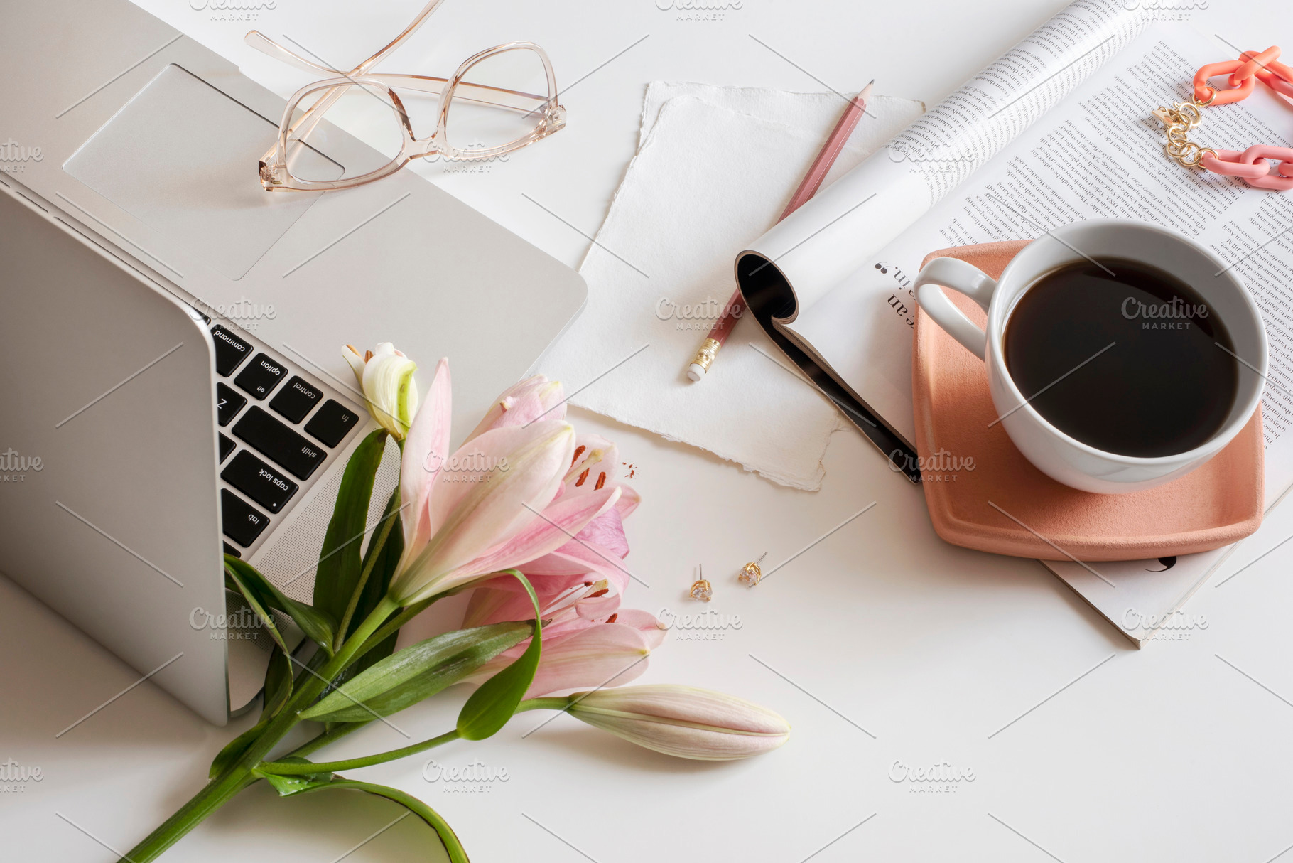 Coffee & Lillies on White Workspace, a Business Photo by Her Creative Studio