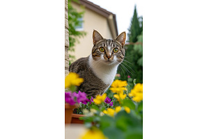 Curious cat among flower pots in a, an Animal Photo by Lermont51