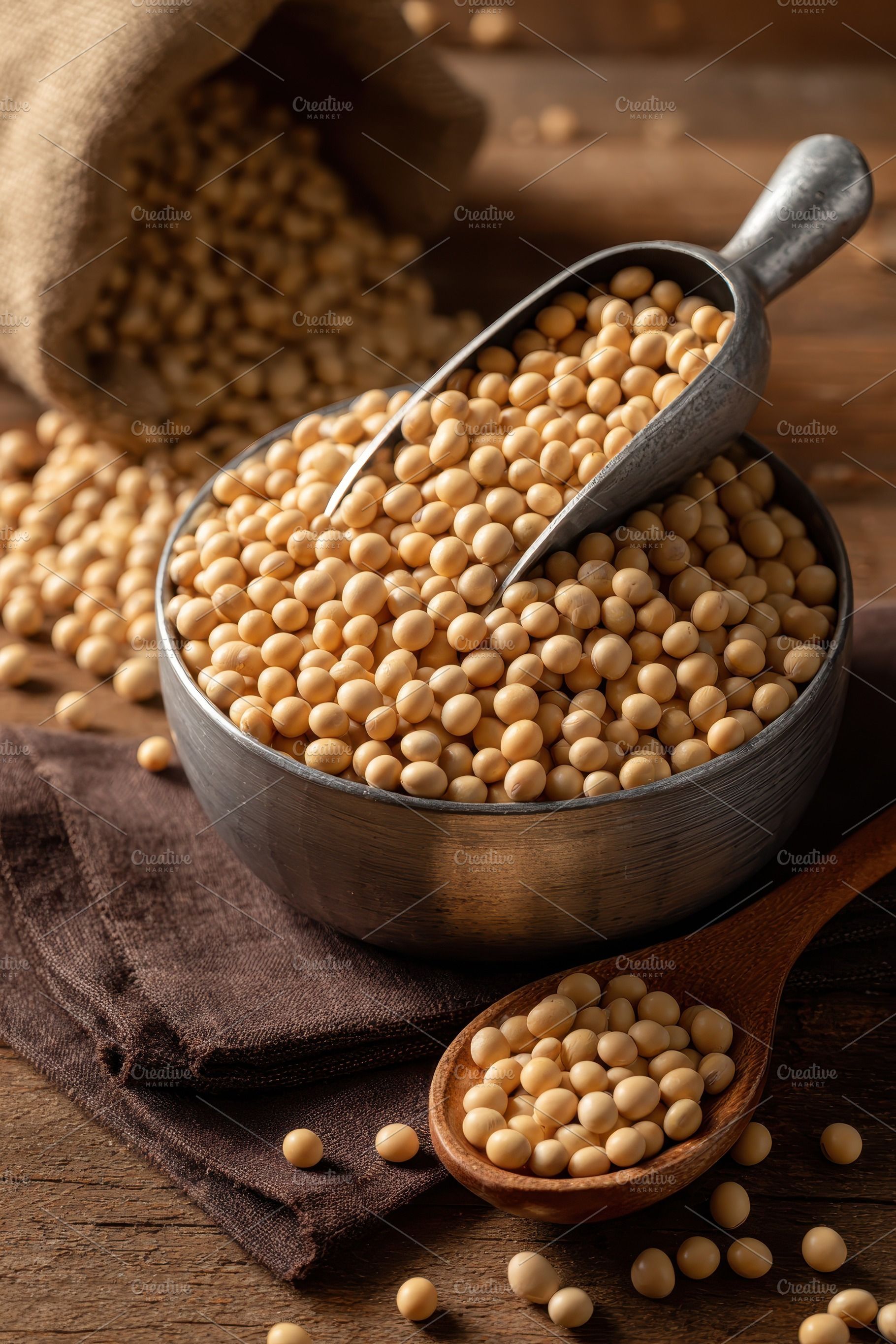 Soybeans in bowl scoop and burlap ba, a Photo by Pixeness Studio